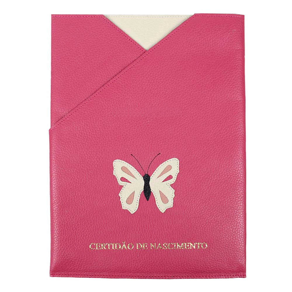 Porta Certidão de Nascimento Borboleta em Couro Personalizado