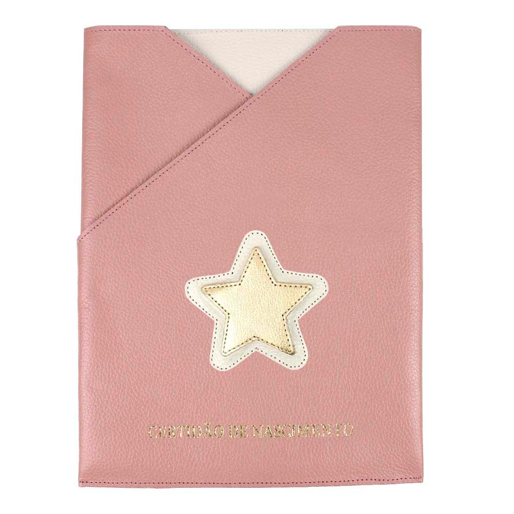 Porta Certidão de Nascimento Estrela em Couro Personalizado