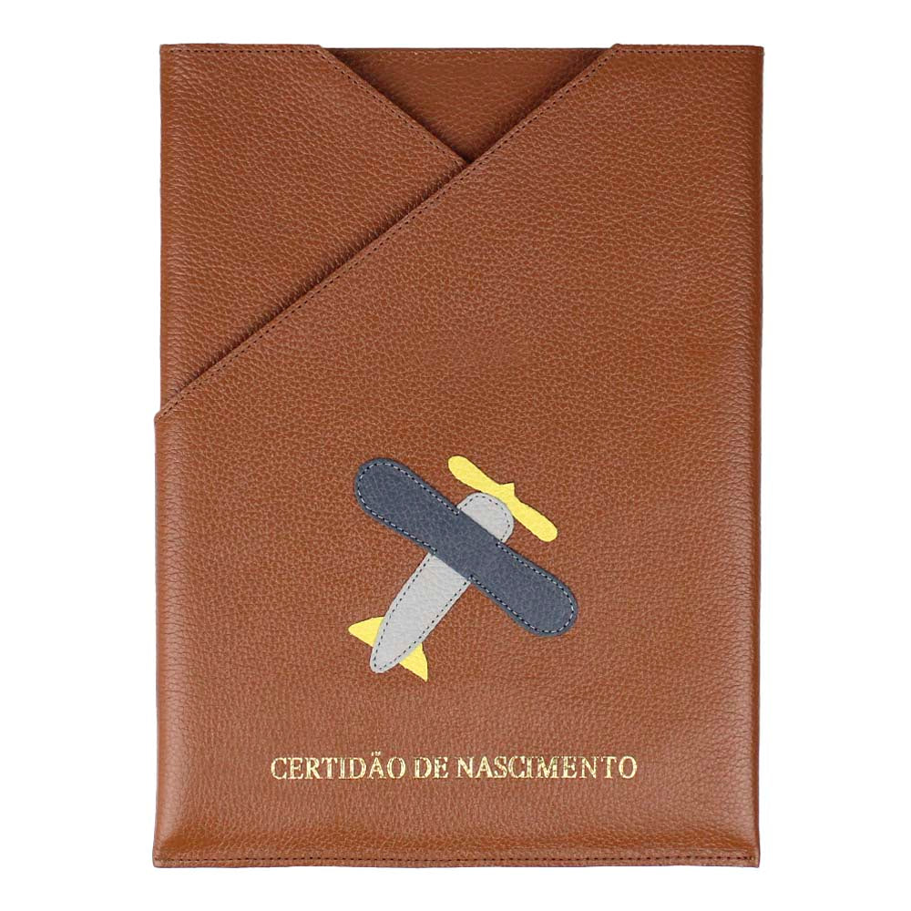 Porta Certidão de Nascimento Little Plane em Couro Personalizado