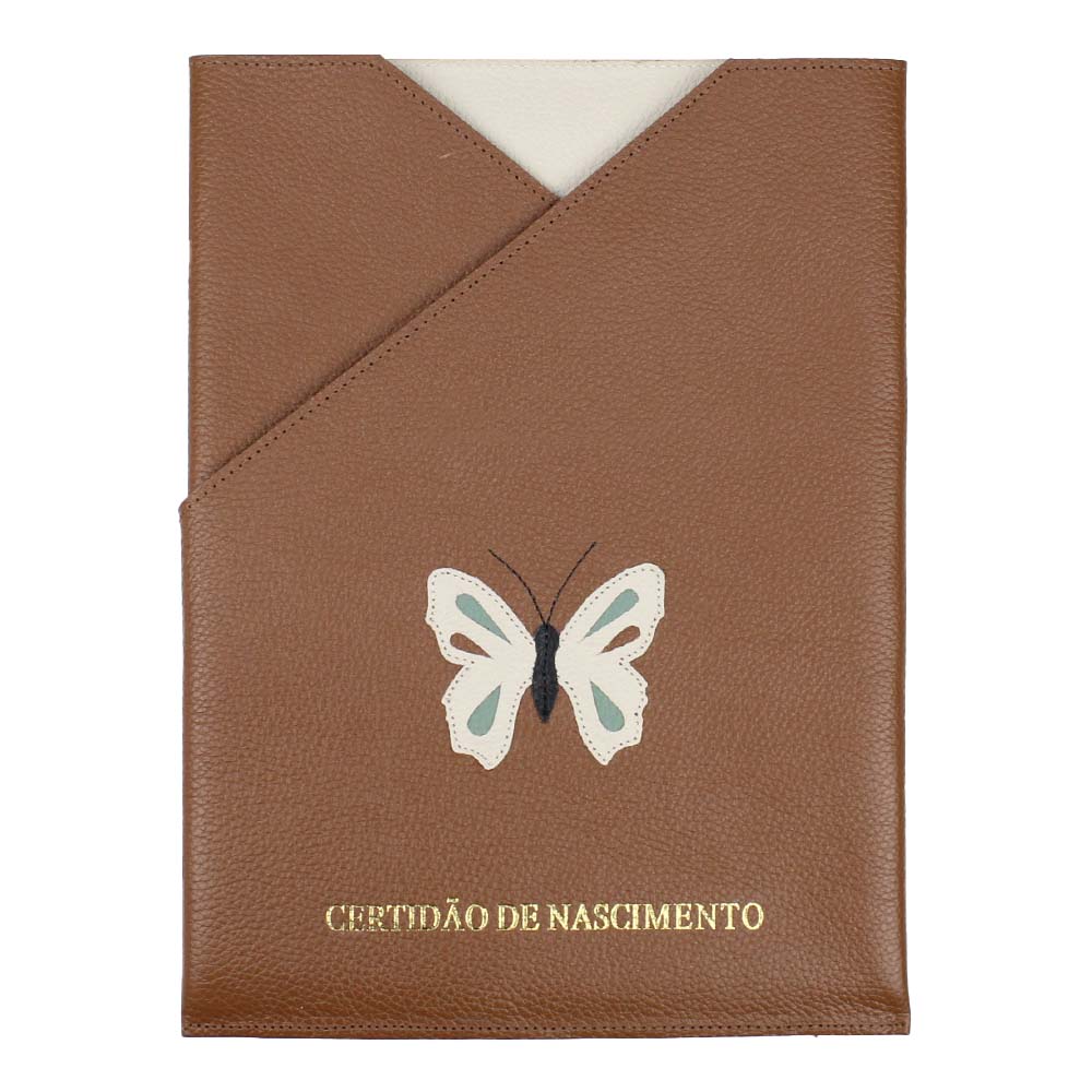 Porta Certidão de Nascimento Borboleta em Couro Personalizado