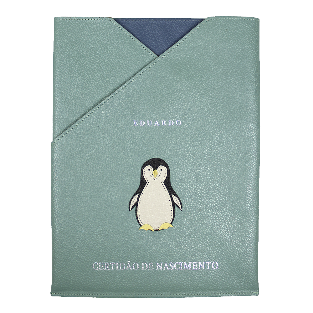Porta Certidão de Nascimento Pinguim em Couro Personalizado