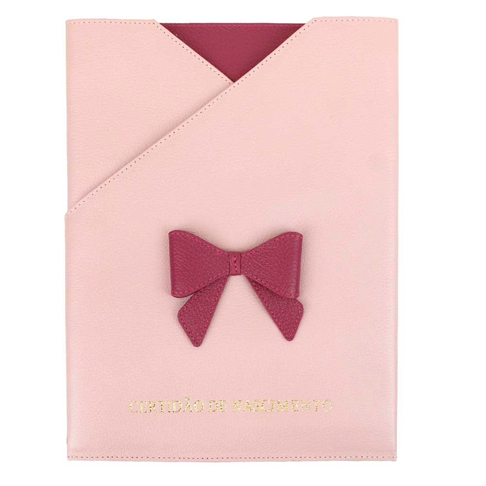 Porta Certidão de Nascimento Laço Coquette em Couro Personalizado