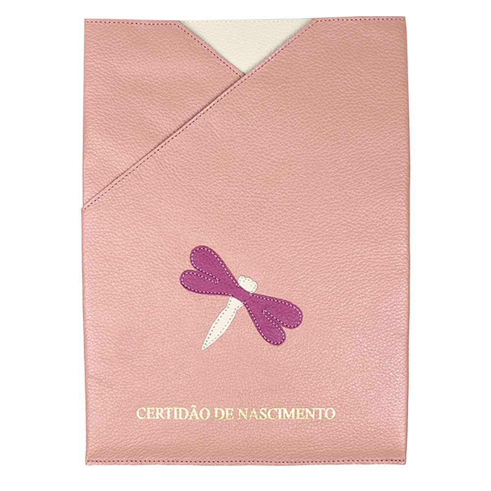 Porta Certidão de Nascimento Libélula em Couro Personalizado