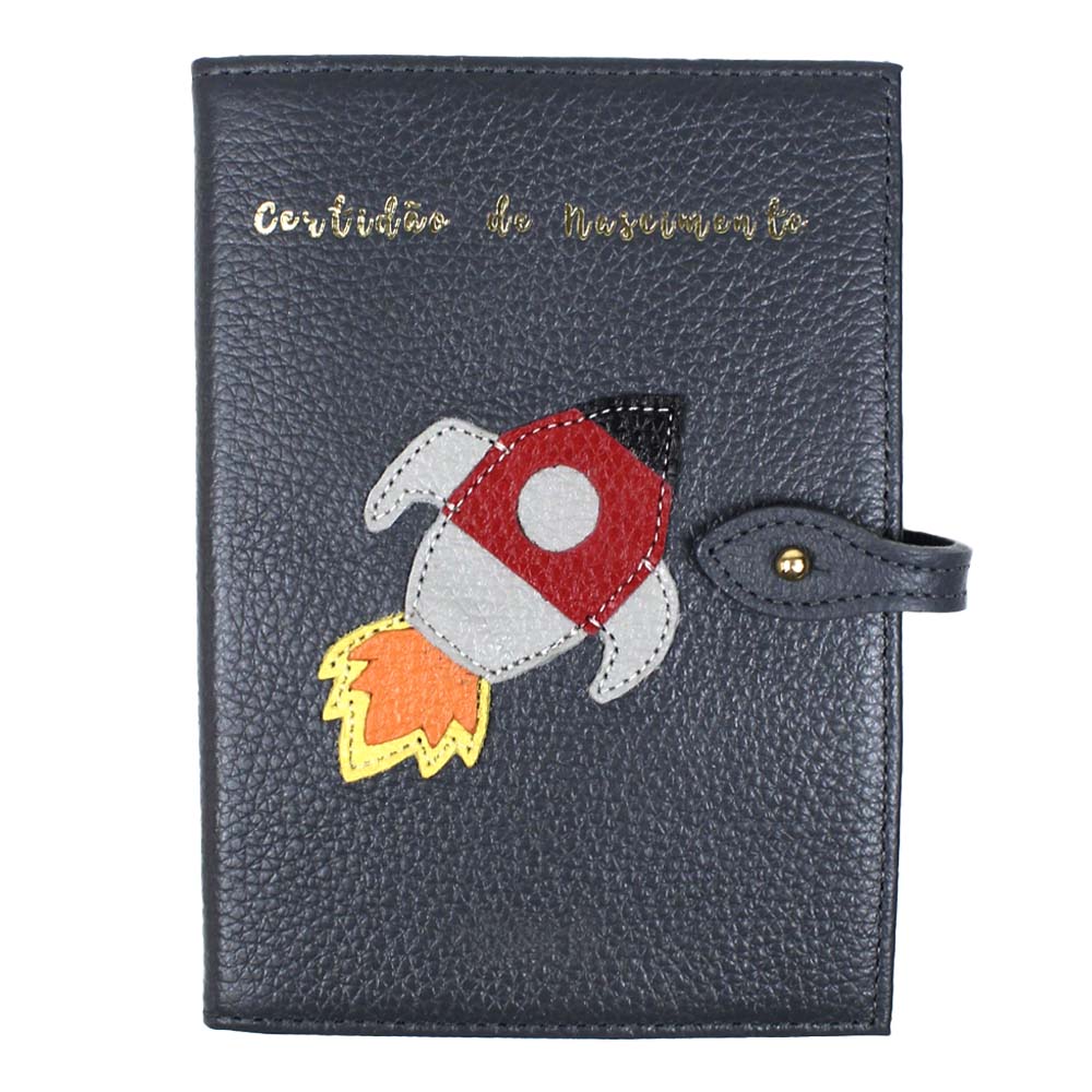 Porta Mini Certidão de Nascimento Foguete em Couro Personalizado