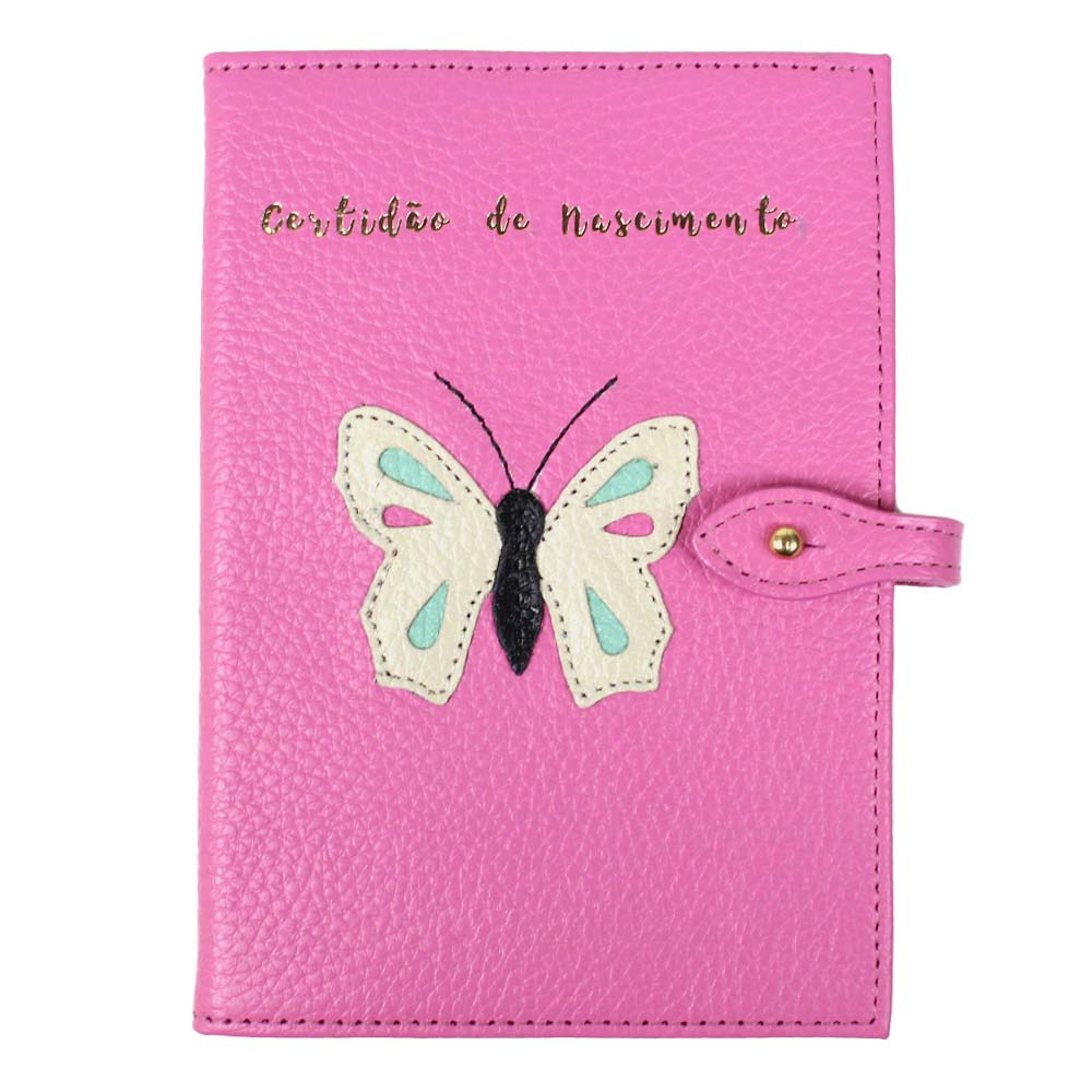 Porta Mini Certidão de Nascimento Borboleta em Couro Personalizado