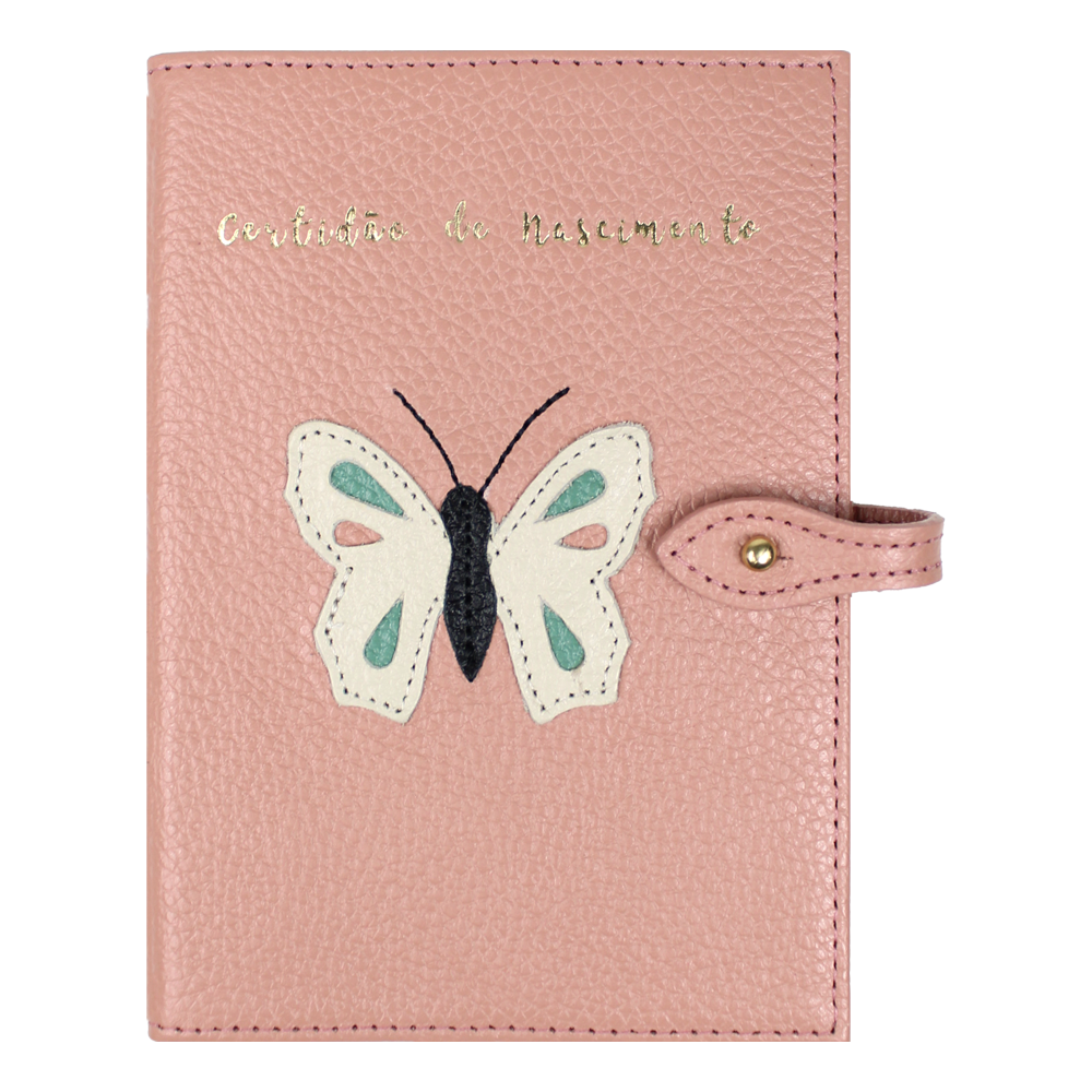 Porta Mini Certidão de Nascimento Borboleta em Couro Personalizado