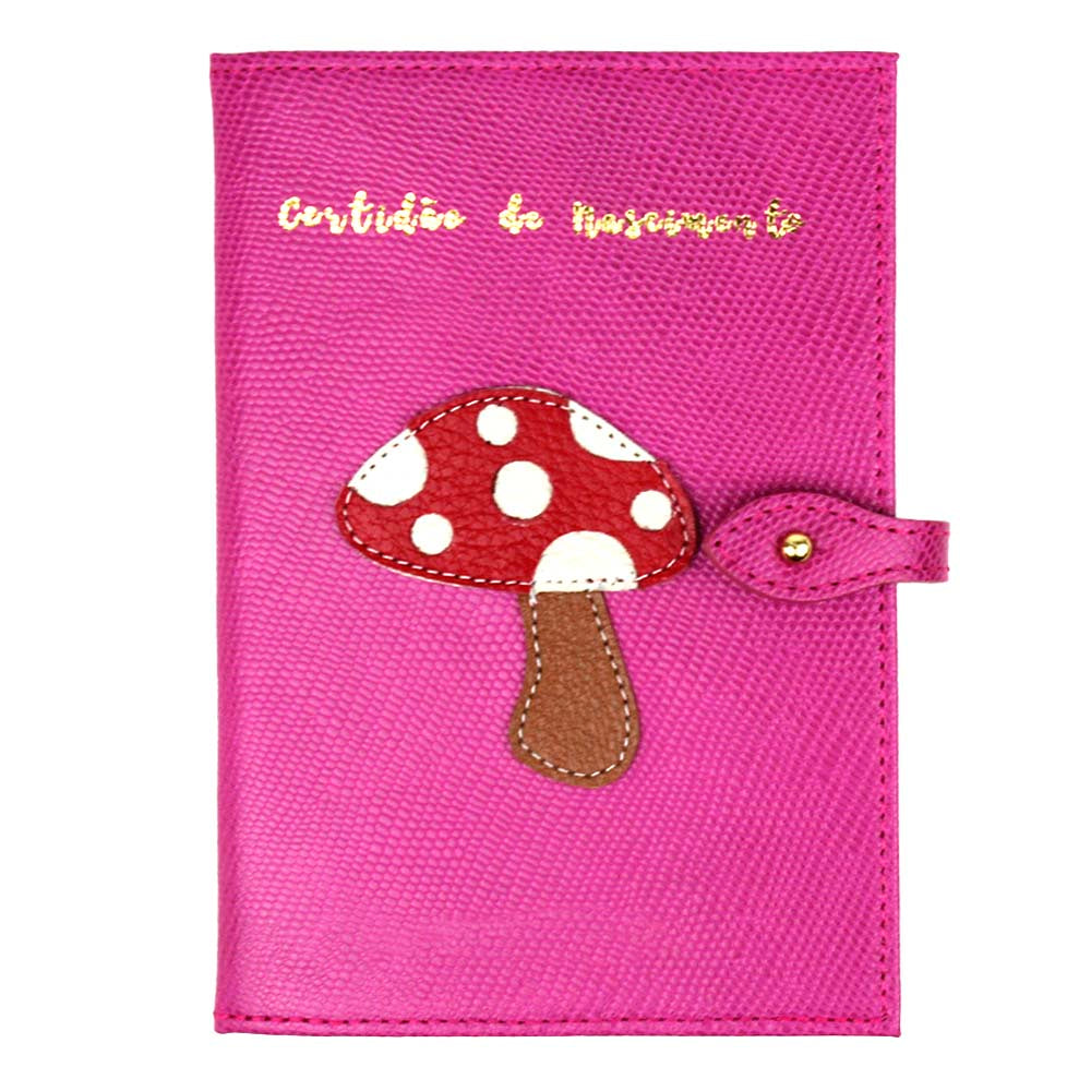 Porta Mini Certidão de Nascimento Cogumelo em Couro Personalizado