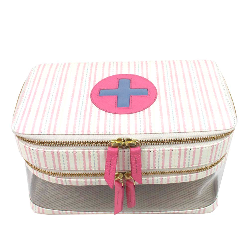 Necessaire Porta Remédio Jumbo Estampa Listrado Pontilhado Rosa em Couro e Vinil Personalizado