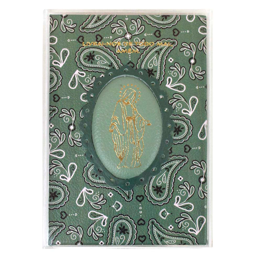 Quadrinho Nossa Senhora das Graças Estampa Paisley Verde com Jade e Esmeralda Pronta Entrega
